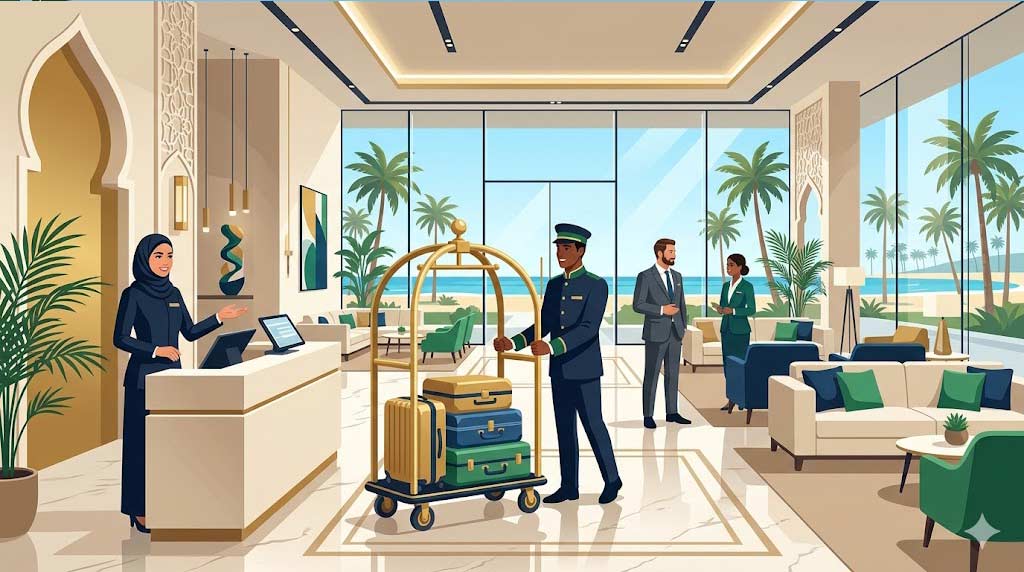 Modern vector illustration of diverse hotel receptionists and a bellhop welcoming guests and assisting with luggage in a luxury Gulf hotel lobby.