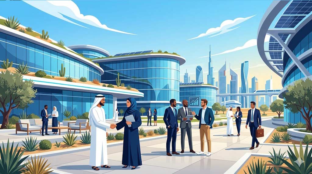 Modern vector illustration showing a diverse group of top professionals—including an IT specialist, engineer, doctor, and corporate executive—standing together in a Gulf city, representing in-demand job professions.